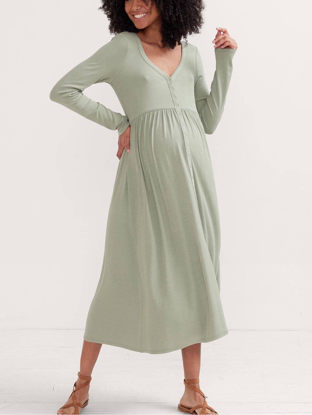 HATCH The Softest Rib Nursing Dress Size 1 Green Long Sleeve Modal Maternity